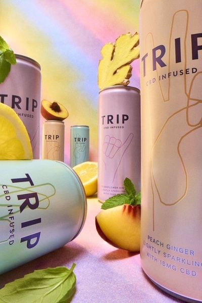 A vibrant, high-key studio shot featuring multiple cans of CBD-infused sparkling beverages surrounded by fresh fruit and mint ingredients against a rainbow gradient backdrop.