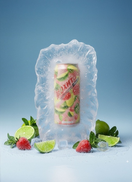 This creative showcases a canned mojito beverage suspended in a block of ice with fresh limes and strawberries, emphasizing a cold, refreshing product experience.