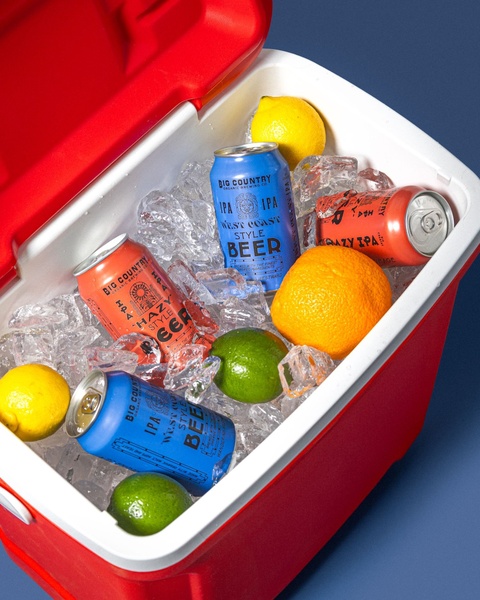 A high-angle shot of canned craft beers nestled in ice with scattered fresh lemons, limes, and oranges, inside a red cooler.