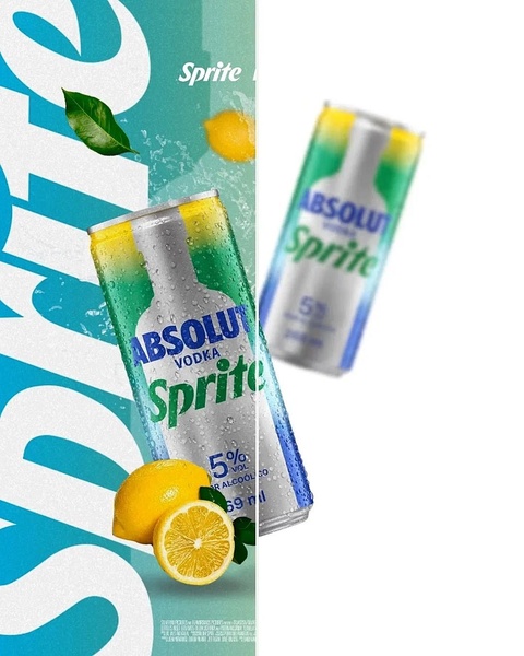 A high-contrast, split-screen product showcase featuring the Absolut Sprite canned beverage, emphasizing fresh citrus ingredients and cooling water droplets to signal refreshment.