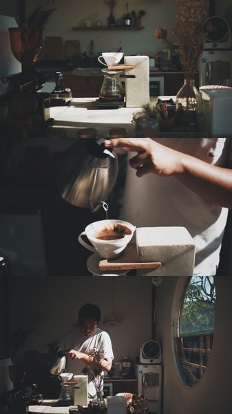 Vertical cinematic scene of a slow pour-over coffee being brewed in a quiet home kitchen with warm directional light in brown, cream and charcoal