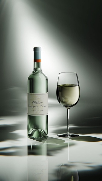A high-end, clean product shot of a wine bottle and glass set against a soft, dramatic lighting background with subtle shadows.