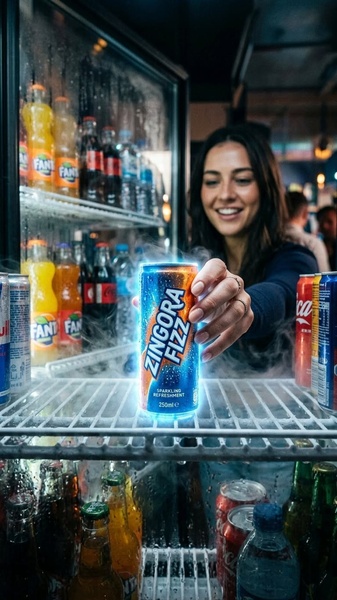 A close-up of a consumer holding a frosted Zingora Fizz can in front of a well-stocked refrigerator, using temperature-focused visuals to stimulate thirst.