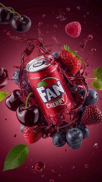 A high-impact 9:16 vertical creative showcasing a single can of cherry soda surrounded by a hyper-realistic fruit splash and fresh ingredients.
