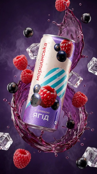 A high-energy product shot featuring a berry-flavored drink can surrounded by floating fresh berries and ice cubes in a dark, moody environment.