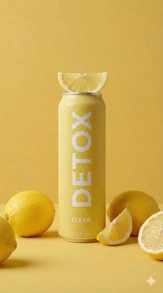 A high-impact product hero shot featuring a single aluminum beverage can centered against a vibrant yellow background with fresh lemon slices.