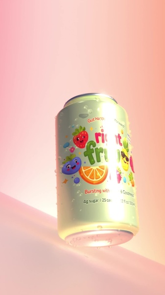 A clean, high-resolution 9:16 shot of a fruit soda can centered against a soft gradient background with condensation droplets for added freshness.