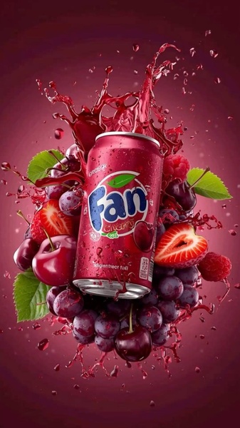 A high-energy, vertical ad creative featuring a cherry soda can surrounded by an explosive splash of fruit and liquid elements.
