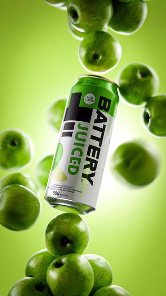 A high-energy, vertical product showcase featuring a drink can suspended amidst a flurry of falling green apples to emphasize the fruit-infused ingredients.