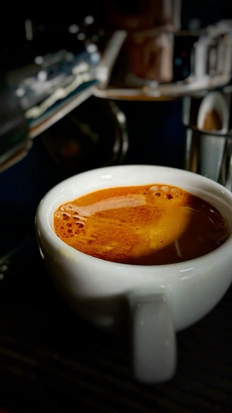 A high-contrast, macro-style photograph of a fresh shot of espresso, focusing on the rich texture and golden crema in a white ceramic cup.