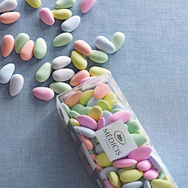 sugared almonds, candy coated nuts, pastel candy, confectionery, sweets, product demo, flat lay, minimalist, calm, fresh, pastel, blue