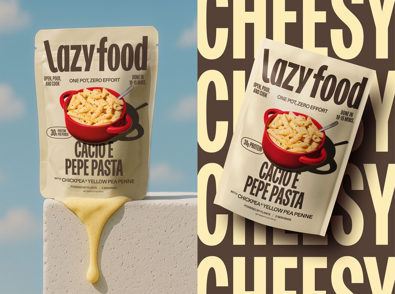 This 4:3 creative uses high-contrast, minimalist studio photography to highlight the convenience and cheesy appeal of a one-pot pasta meal.