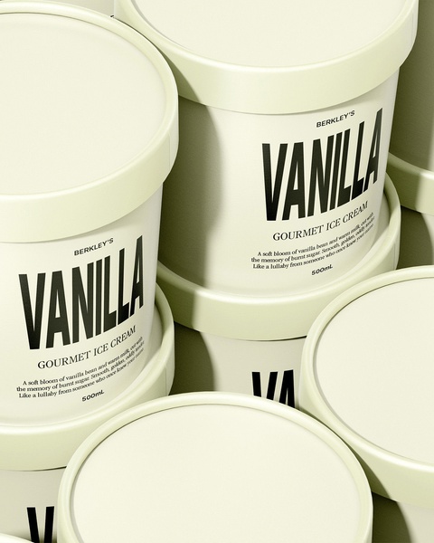 A top-down view of multiple tubs of vanilla ice cream arranged in a symmetrical, high-key grid to emphasize packaging and brand identity.