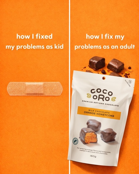 chocolate candy, milk chocolate, honeycomb chocolate, chocolate snacks, candy bag, chocolate treats, brand awareness, bestseller push, minimalist, modern typography, playful, bold, orange, brown