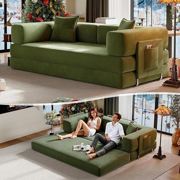 A split-screen image showing a couch in its upright position contrasted with the same sofa flattened into a bed, showcasing versatility for holiday living.