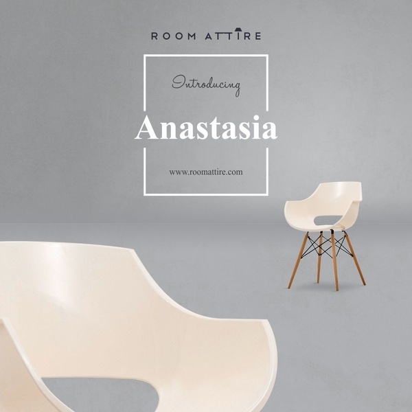 A high-end furniture ad featuring a minimalist chair isolated against a neutral gray backdrop, highlighting the product name and website URL.