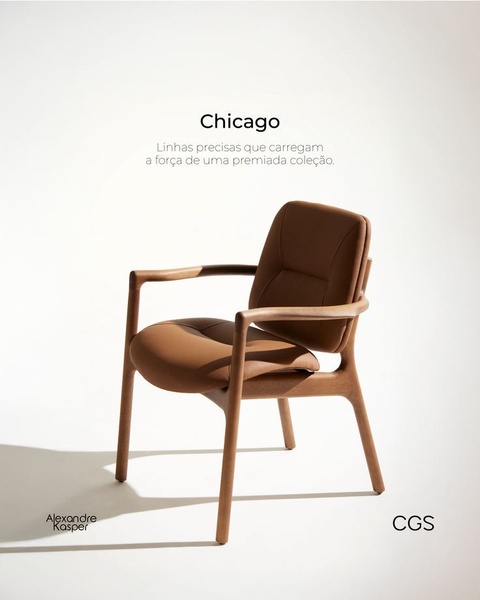 A high-end studio shot of a leather and wood dining chair centered in a clean, minimalist space, emphasizing its structural elegance.