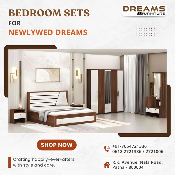 A clean, lifestyle-focused advertisement for a complete bedroom furniture set featuring a modern wooden bed, wardrobe, and vanity.