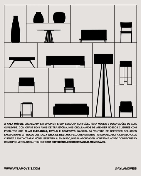 A clean, high-contrast grid display featuring silhouette icons of various home furniture pieces, accompanied by brand messaging about quality and experience.
