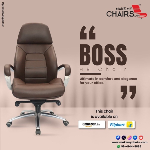 A clean, minimalist 1:1 ad featuring an executive office chair with a bold 'BOSS' headline to establish professional authority.