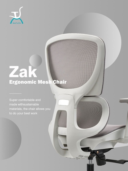 A clean, studio-lit ad featuring the Zak ergonomic mesh chair on a grey background, emphasizing comfort and sustainable materials.