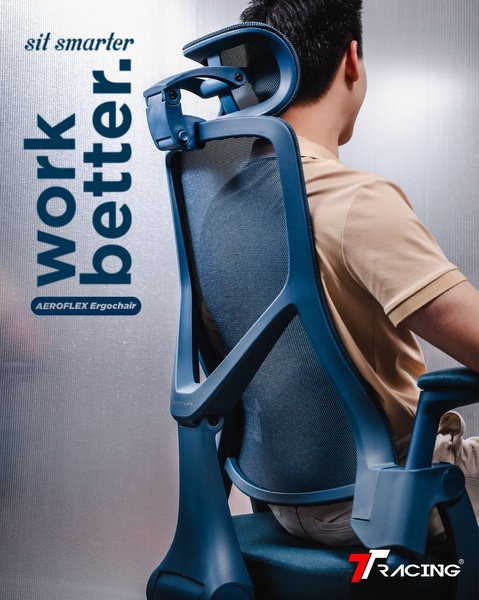 A high-contrast vertical ad showing a user seated in an ergonomic chair from behind to highlight its spinal support structure.