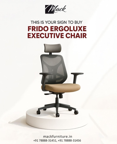 A clean, minimalist product ad for an executive chair that uses a pedestal display and bold typography to demand attention.