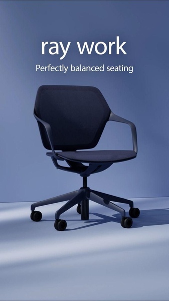 A clean, studio-lit advertisement for a modern office chair using a monochromatic blue background to emphasize the product silhouette.
