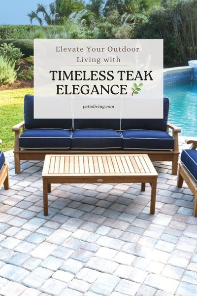 A static 2:3 ad featuring a high-end teak outdoor sofa and coffee table set next to a blue swimming pool.
