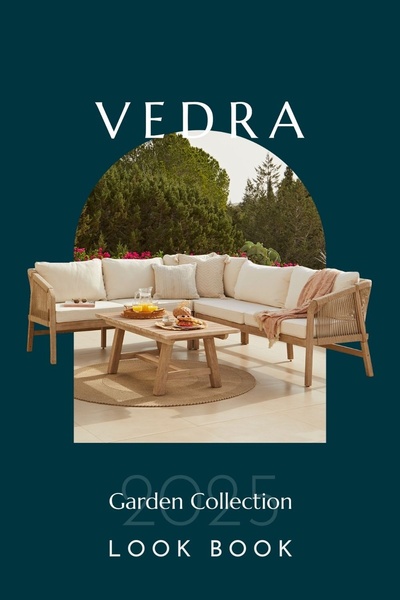 A sophisticated, minimalist look book cover for a garden furniture collection, featuring a neutral-toned patio sofa centered within a distinct arch window frame.