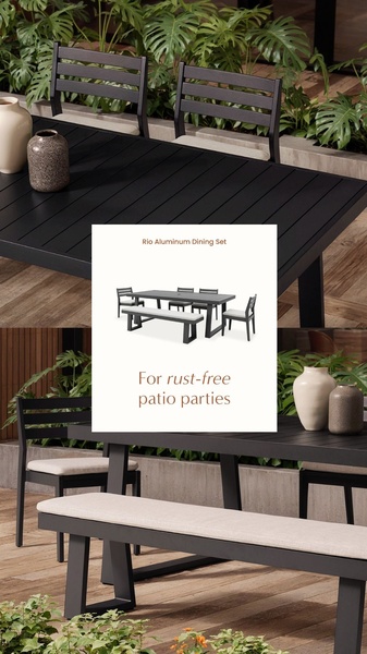A split-screen creative showcasing a sleek, modern aluminum dining set in a lush outdoor setting, emphasizing durability and aesthetic appeal.