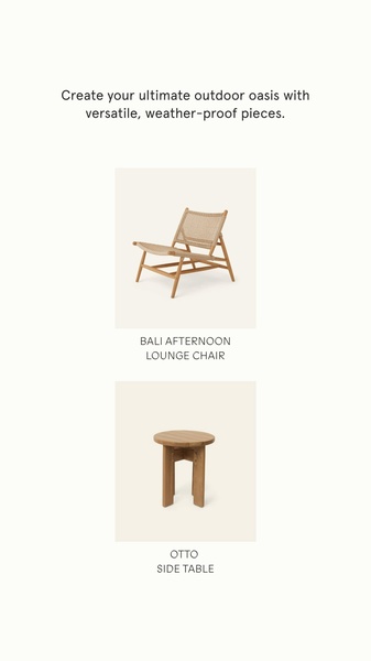 A clean, white-background ad featuring a Bali-style outdoor lounge chair and a matching wood side table with a concise value proposition.