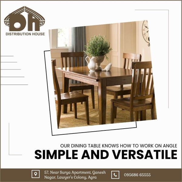 A clean, 1:1 square format ad showcasing a wooden dining table setup with a neutral color palette and a clear, functional value proposition.