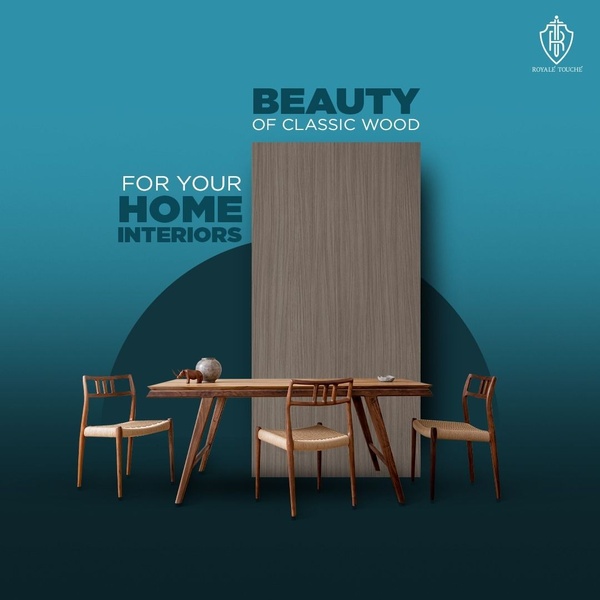 A clean, minimalist 1:1 square ad showcasing a wood laminate sheet against a bold teal backdrop with mid-century modern furniture.