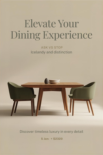 A clean, high-end 2:3 vertical ad showcasing a premium wooden dining set in a warm, minimalist studio setting.