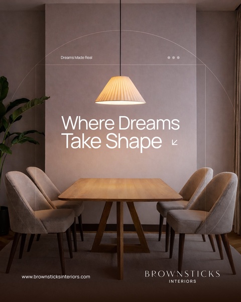 A high-end, minimalist creative for dining room furniture featuring a clean dining set under a pendant light with aspirational copy.