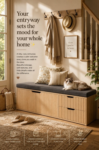 This creative showcases an Entryway Bench in a warm, tidy home setting, using calming lifestyle imagery to highlight home organization benefits.
