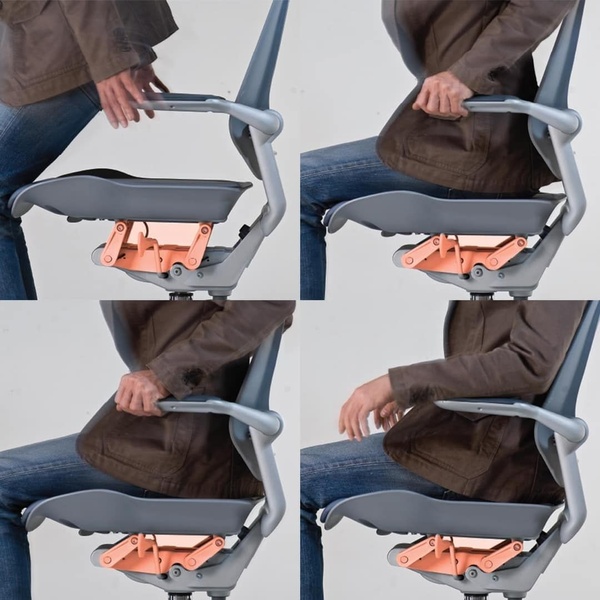 A four-panel grid showing a user adjusting the seat height and position of an ergonomic office chair, focusing on the mechanical function.