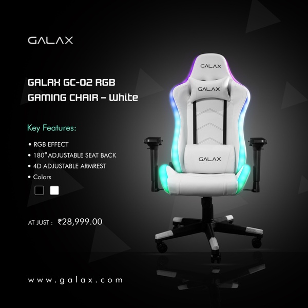 A dark-themed, minimalist product advertisement highlighting the RGB lighting, ergonomic adjustments, and key specs of a high-end white gaming chair.