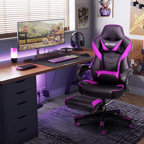 A high-quality lifestyle shot featuring a gaming chair in a vibrant purple and black themed workspace with ambient LED lighting.