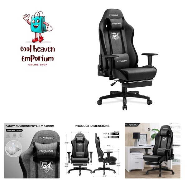 A clean, modular product ad for a gaming chair that highlights the fabric texture, dimensions, and in-room usage.