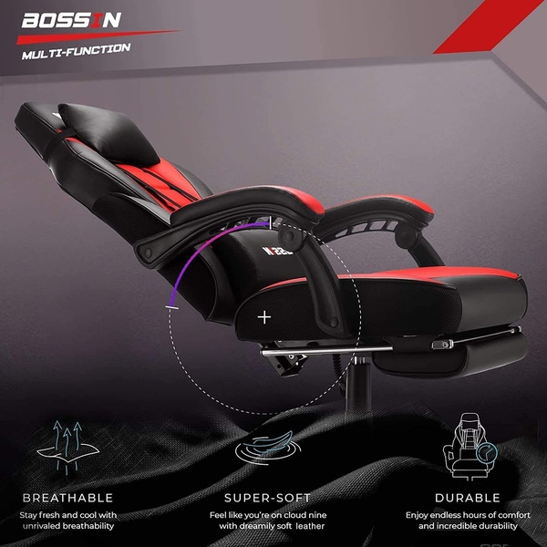A square-format feature-focused ad highlighting the key comfort benefits of a multi-function gaming chair using clear iconography and a hero product shot.