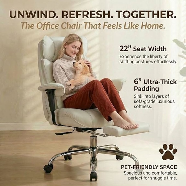 A high-conversion lifestyle advertisement for an office chair highlighting comfort and pet-friendliness through clear text-based benefit call-outs.