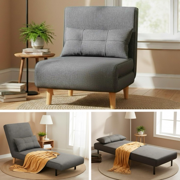 A clean, high-contrast creative demonstrating a sofa transforming into a bed, utilizing a cozy and minimalist aesthetic.