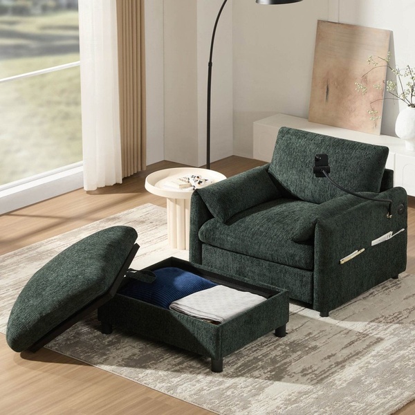 A clean, studio-lit photograph showing an armchair with an open ottoman revealing interior storage space, highlighting functionality in a modern living space.