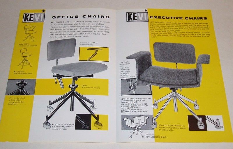 A classic industrial-style split-page advertisement that clearly highlights the adjustable features and mechanical components of Kevi office chairs.