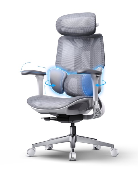 A clean, studio-lit image of an ergonomic office chair featuring glowing blue indicators to highlight its adjustable lumbar support system.