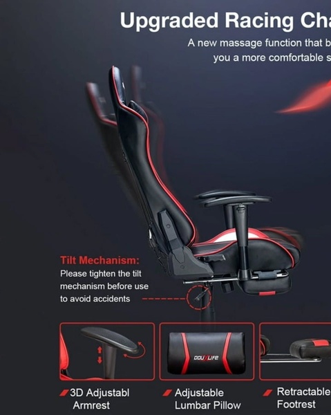 A technical infographic-style ad for a racing chair that highlights specific ergonomic features and safety instructions with red callout accents.