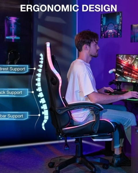 A side-profile shot of a gamer in an ergonomic chair with a high-contrast graphic overlay illustrating head, back, and lumbar support.