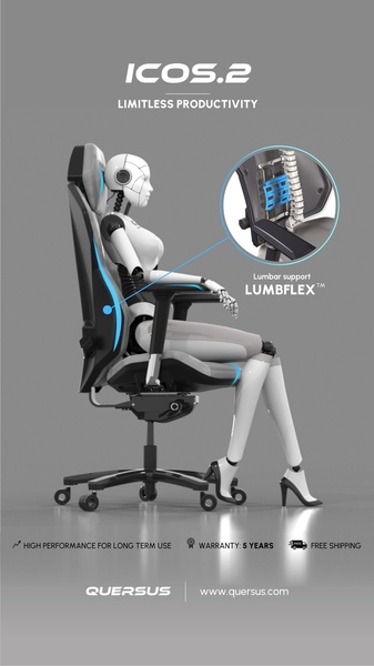 This creative uses a high-fidelity 3D rendering of a robot in an office chair to isolate and highlight the internal lumbar support mechanism.